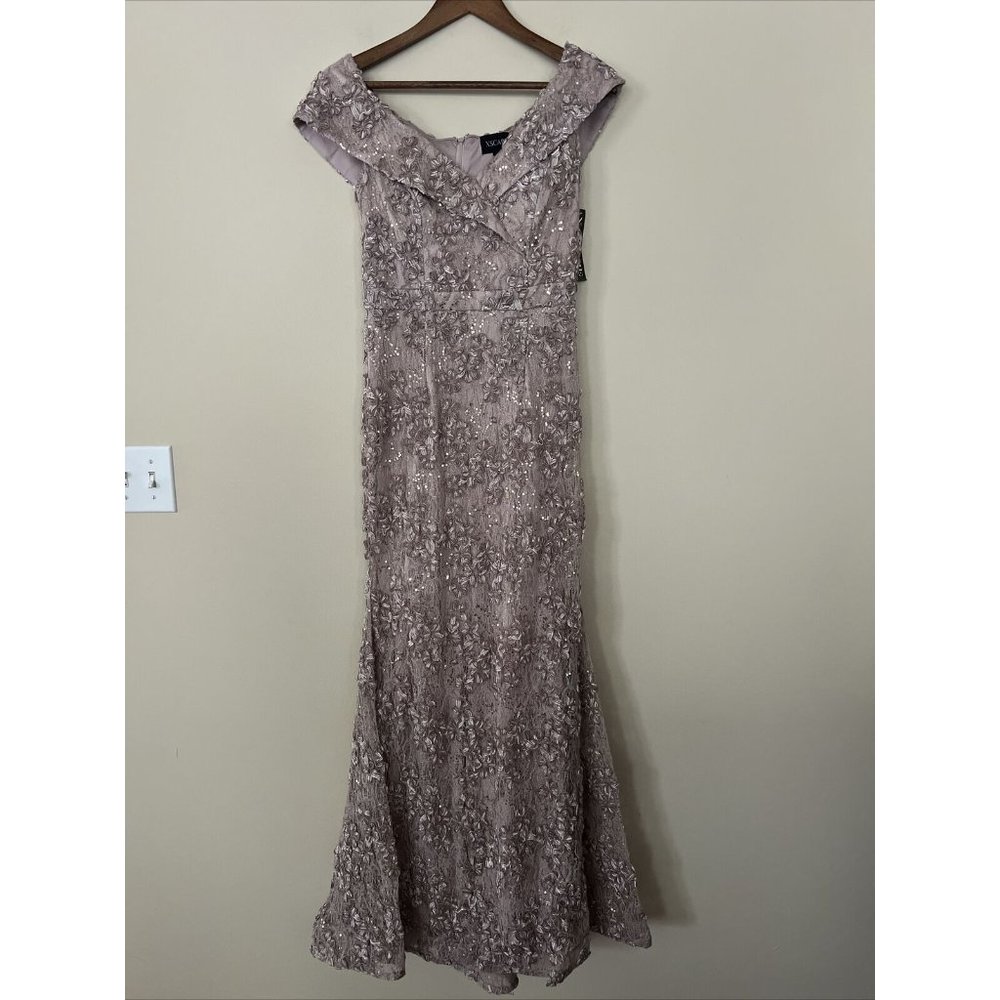 Xscape Womens Sz 4 Taupe Off the Shoulder Embroidered Lace Long Gown Dress - Picture 6 of 14